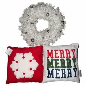 Festive Holiday Pillow and Wreath Set